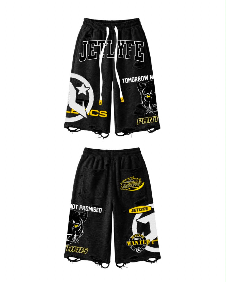PANTHERS 3/4 DISTRESSED SHORTS